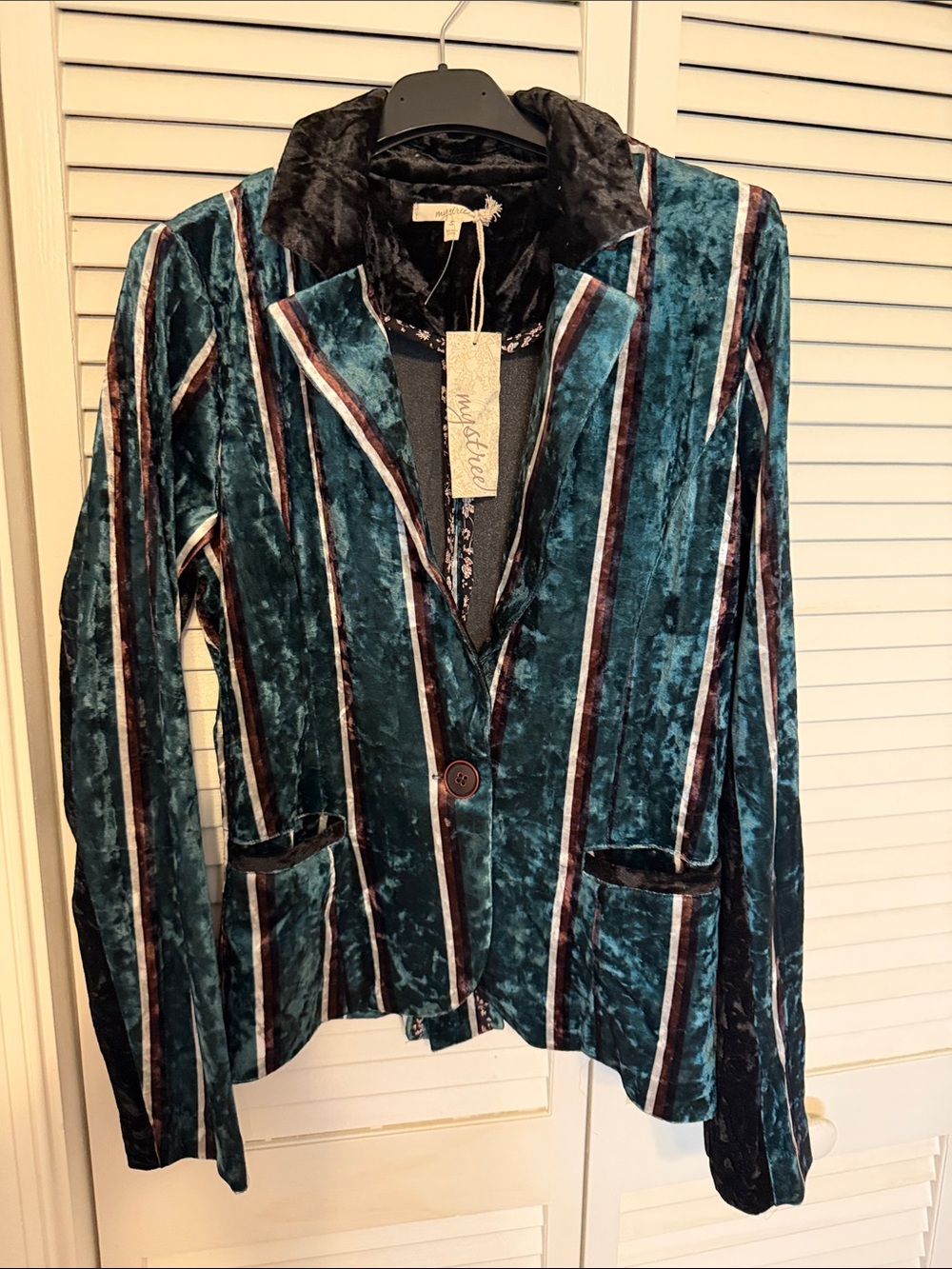 Mystree Teal Velvet Striped Blazer Jacket with Black Accents